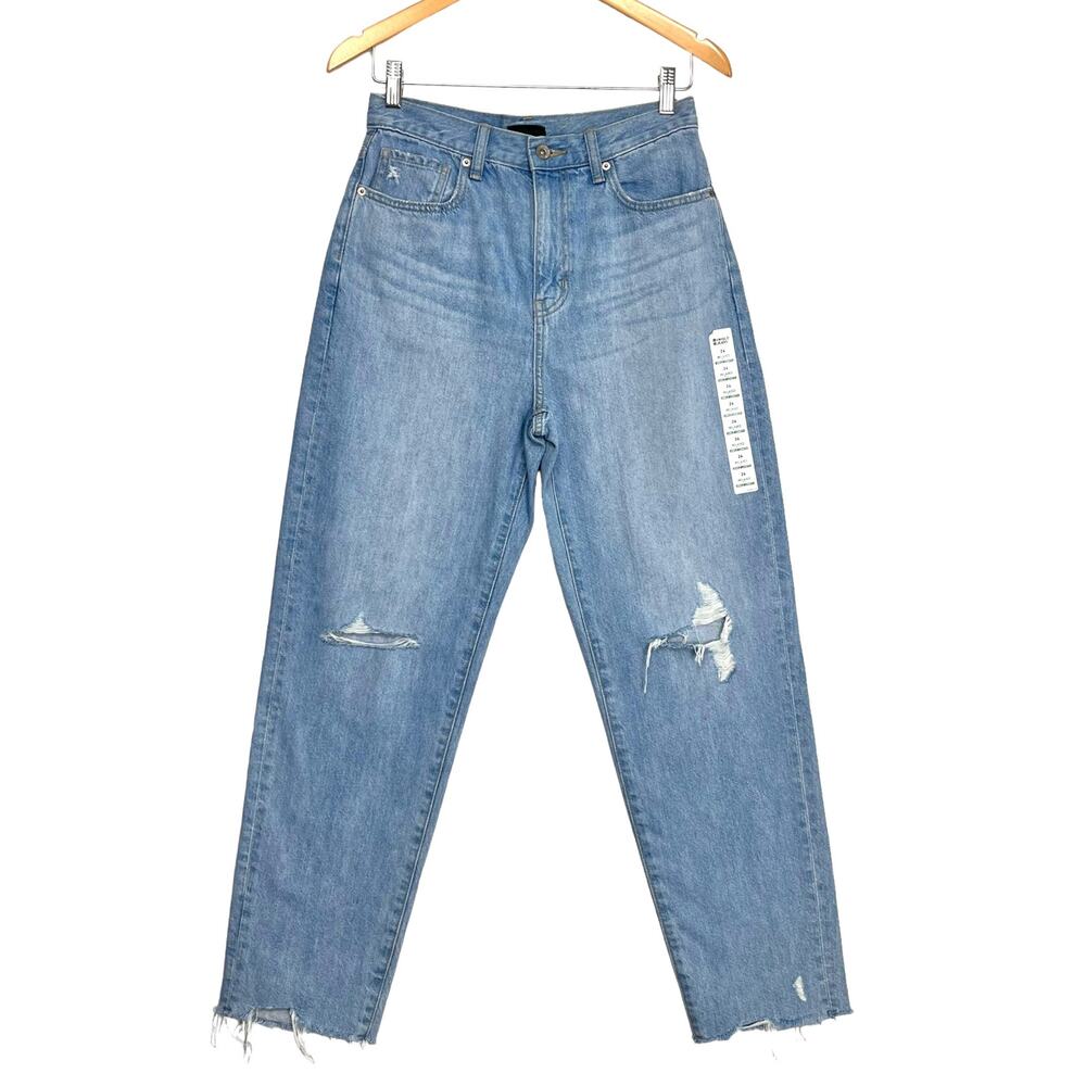 Uniqlo Relaxed Ankle Jeans Sz 26 High Rise Light Wash Distressed Rigid Denim